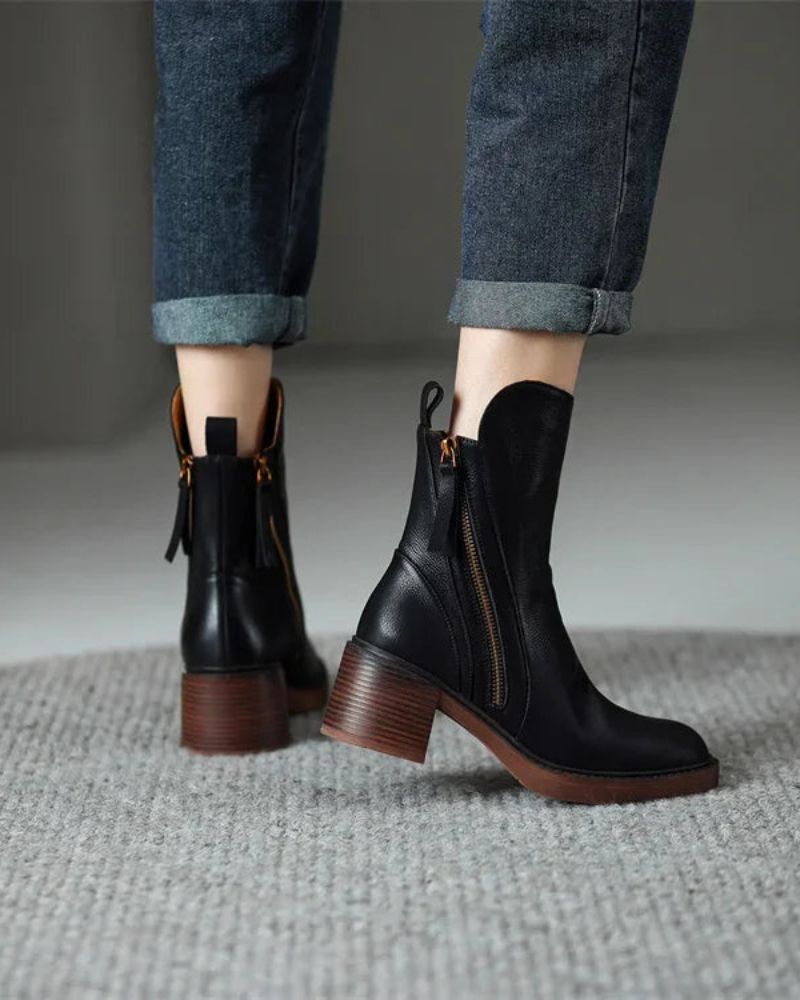Pernelle | Leather Ankle Boots with Square Heel