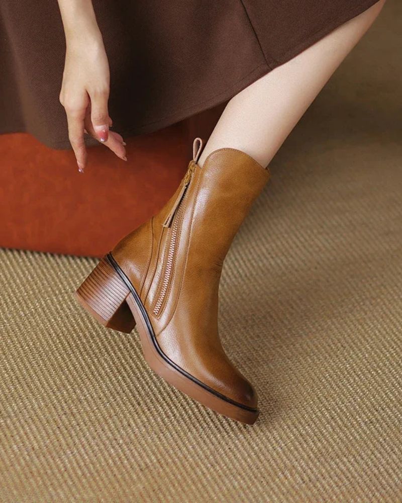 Pernelle | Leather Ankle Boots with Square Heel