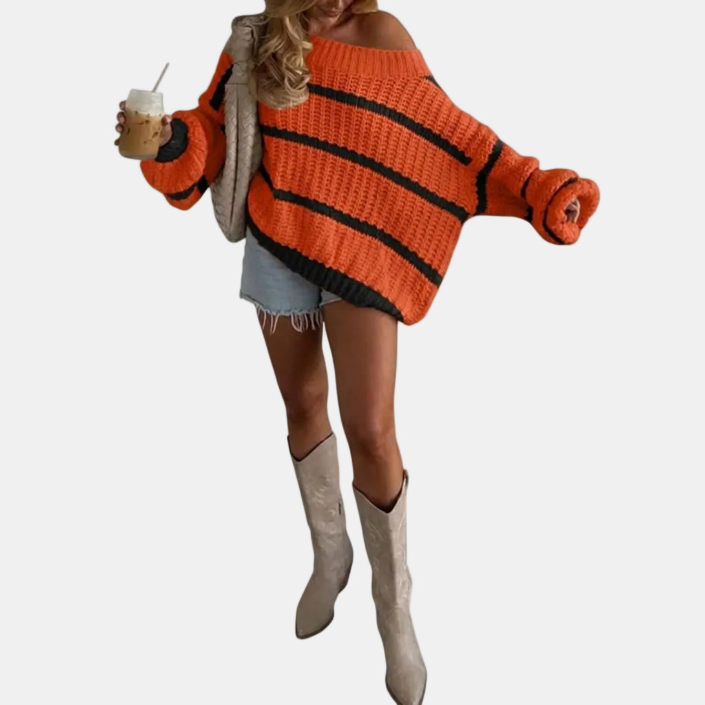 Oversized | Off Shoulder Striped Knit Sweater