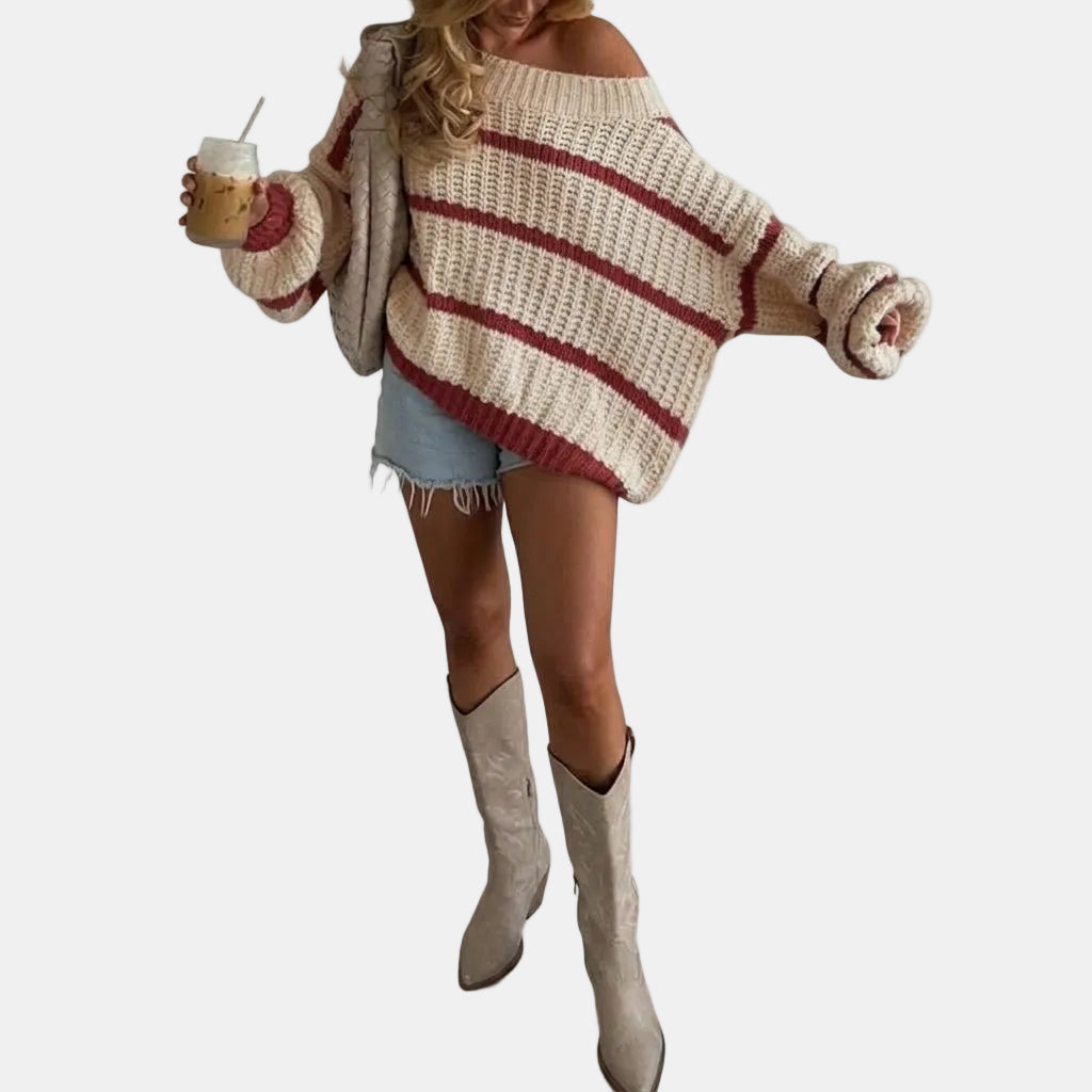 Oversized | Off Shoulder Striped Knit Sweater
