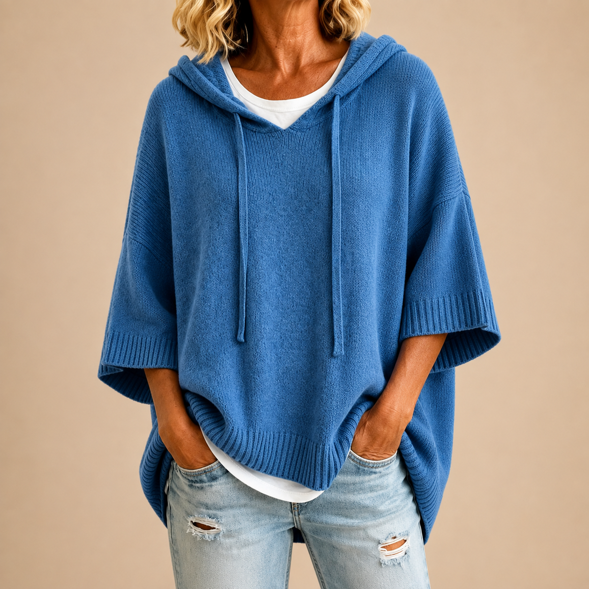 Ava | Knitted Poncho with Hood in Blue