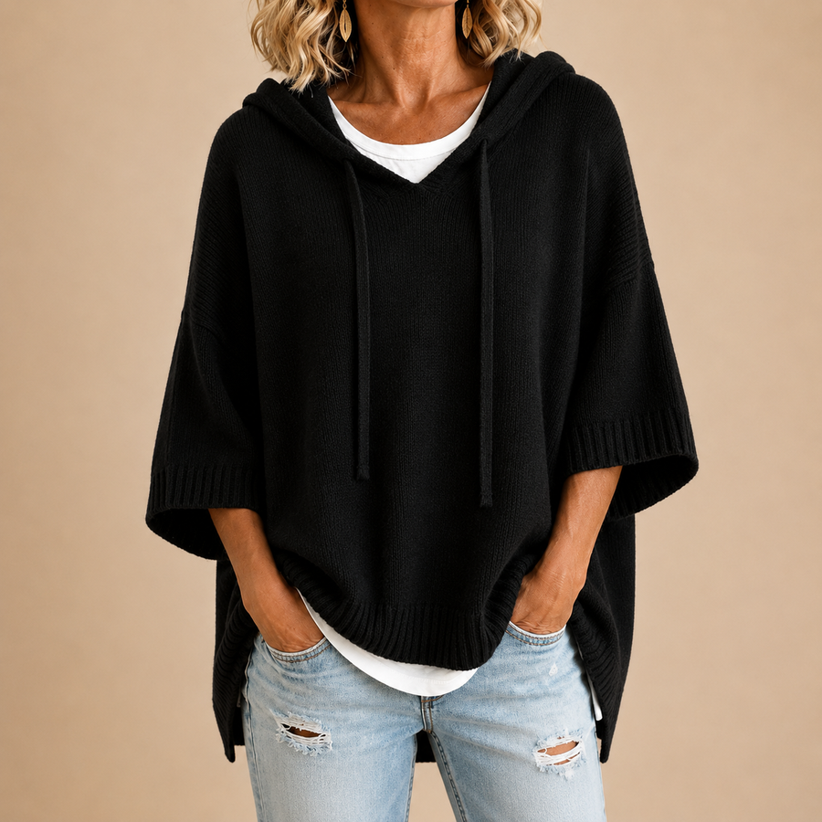 Isabella | Knitted Hooded Poncho in Black