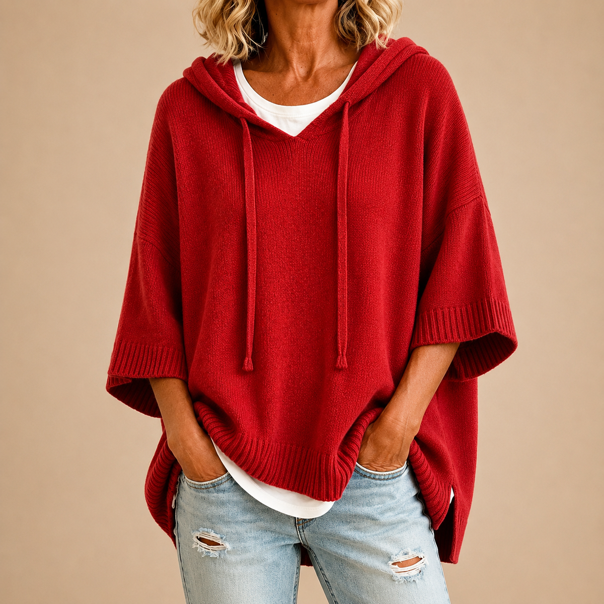 Sophia | Knit Poncho with Hood in Red