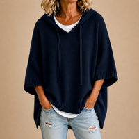 Emma | Knit Poncho with Hood in Navy Blue