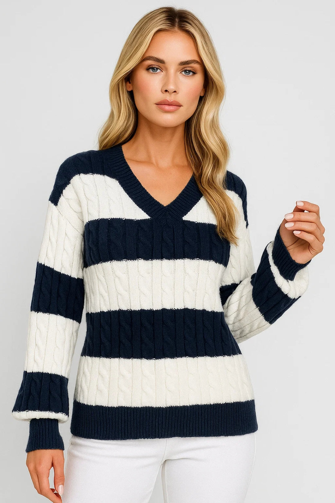 MIRELLE | V-NECK CABLE-KNIT STRIPED JUMPER