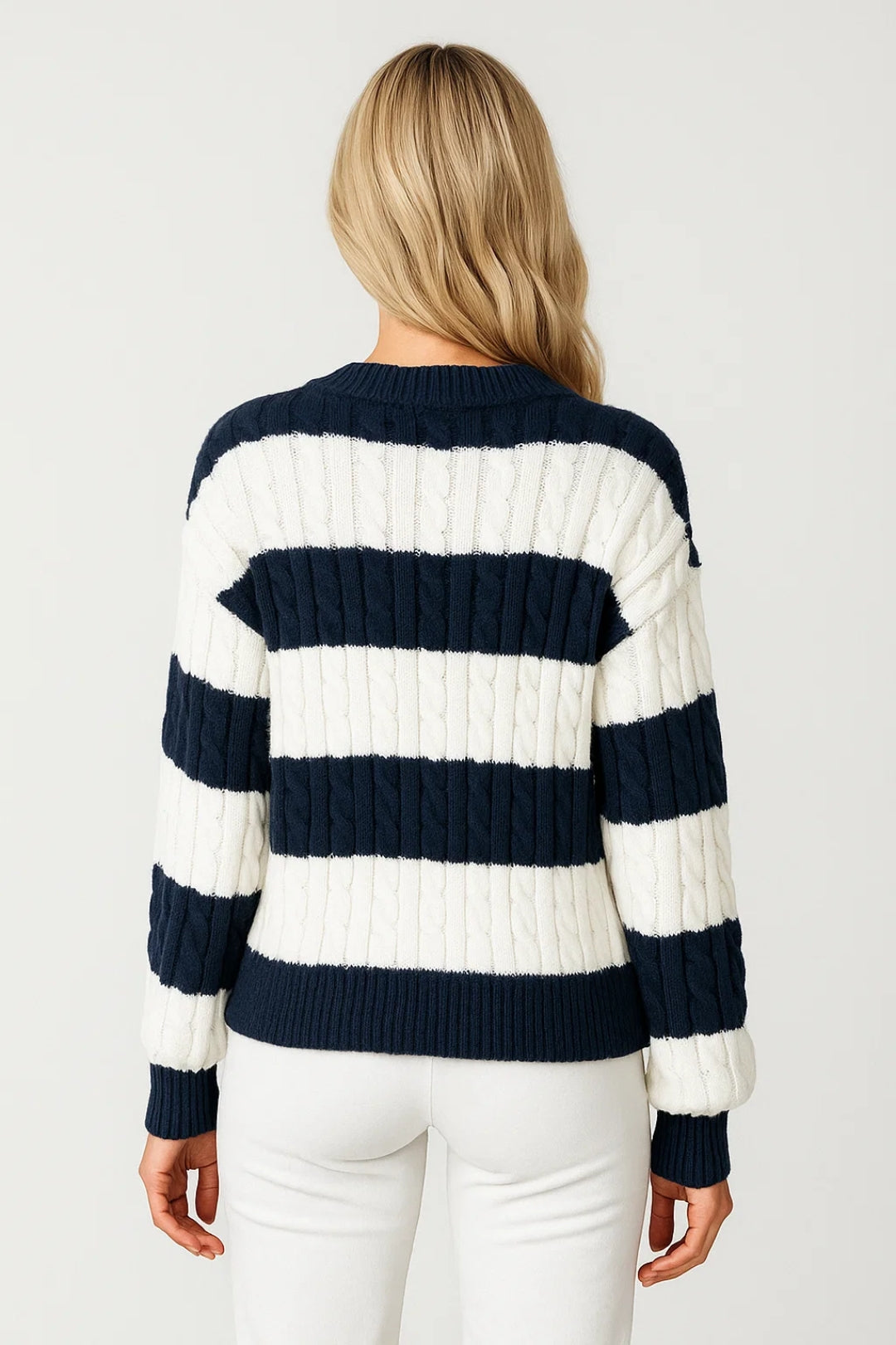 MIRELLE | V-NECK CABLE-KNIT STRIPED JUMPER