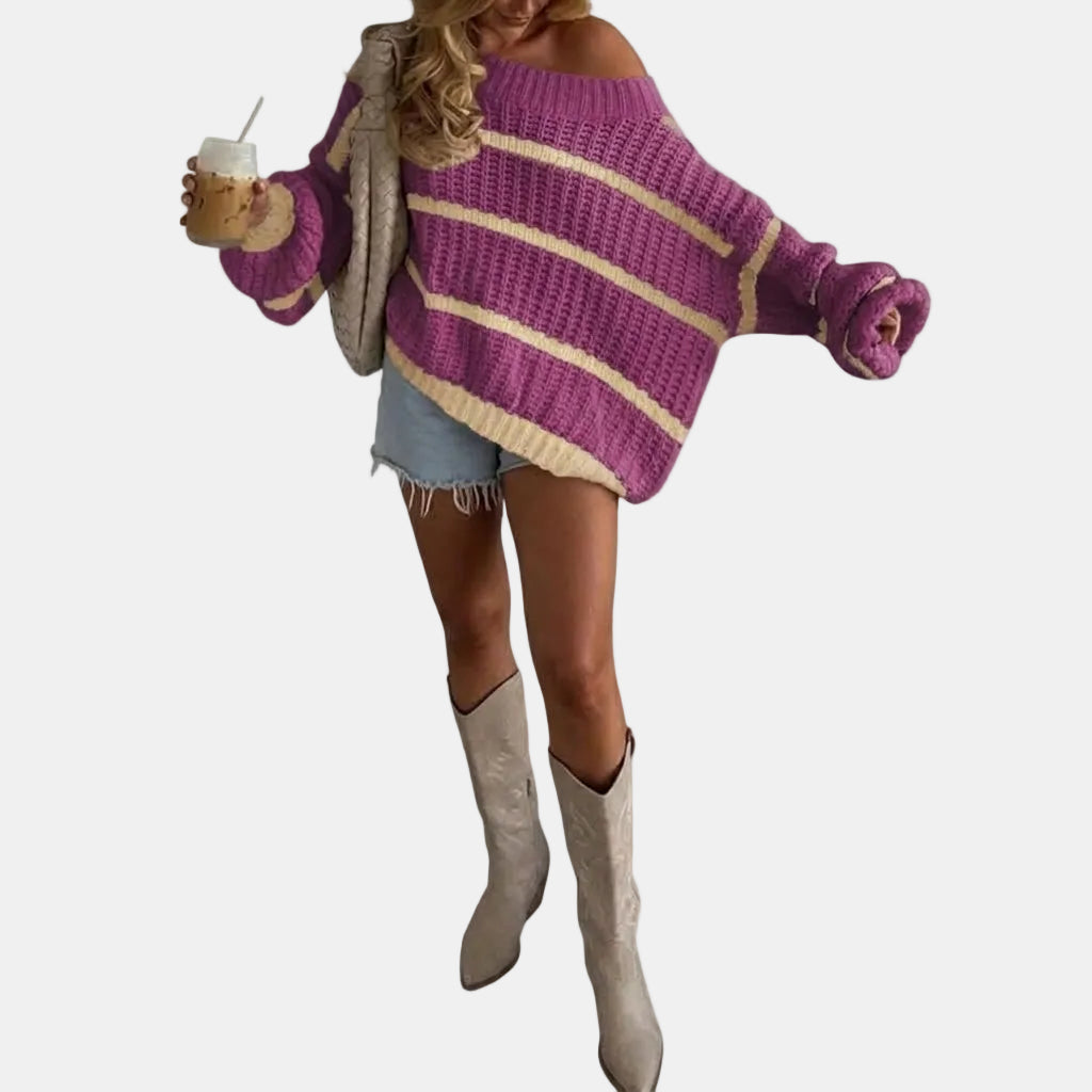 Oversized | Off Shoulder Striped Knit Sweater