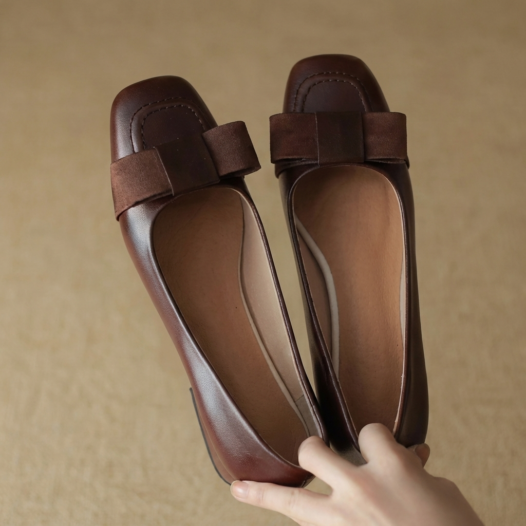 Camille Bow Leather Flats Chestnut