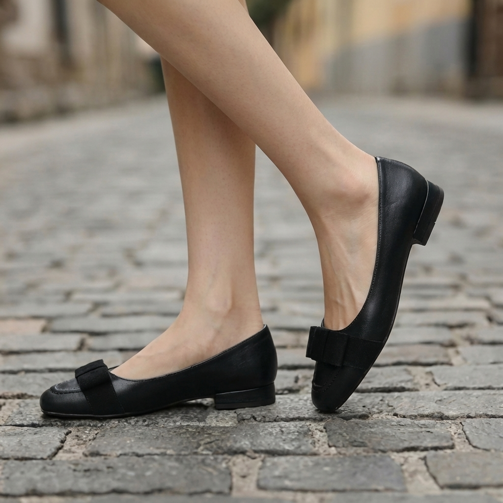 Camille Bow Leather Flats Deep Black