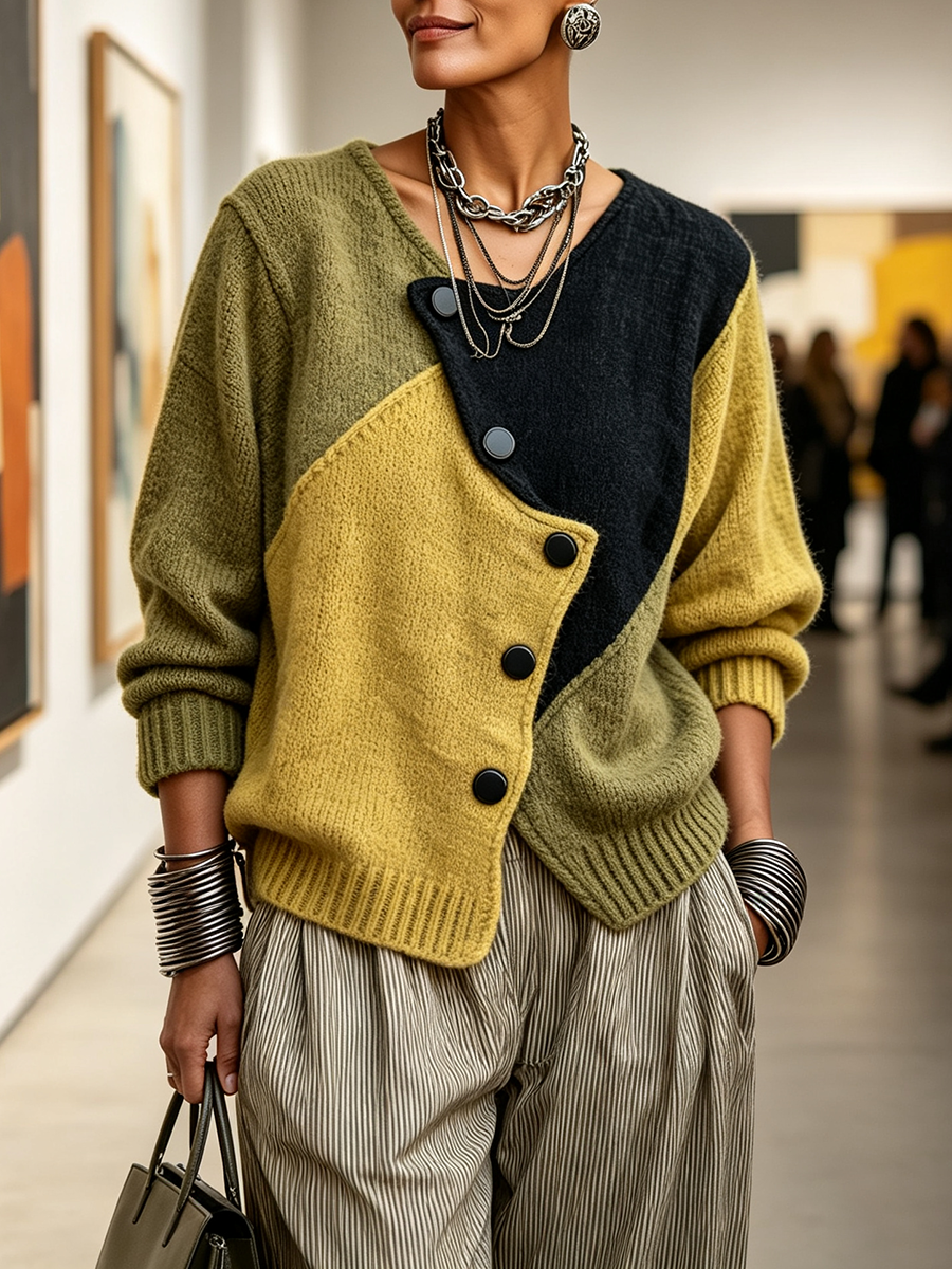 Artistic Cozy Asymmetric Colour-block Knit Sweater